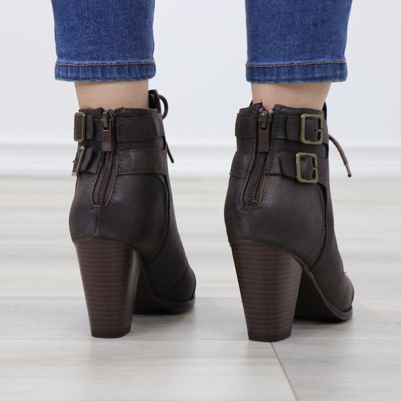 Lace-Up Brown Block Cone High Heeled Ankle Boots Pointed Toe - Picture 4 of 10